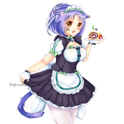 Rule 34 | 10s, 1girl, :o, animal ears, apron, bell, blush, bow, bowtie, breasts, cake, cat ears, cat tail, cinnamon (nekopara), cleavage cutout, clothing cutout, commentary, cowboy shot, fang, food, frilled apron, frills, fruit, green bow, heart, highres, jingle bell, looking at viewer, magikarunukorenka, maid, maid headdress, medium breasts, name tag, nekopara, pantyhose, plate, ponytail, puffy short sleeves, puffy sleeves, purple hair, ribbon-trimmed clothes, ribbon trim, short hair, short sleeves, simple background, solo, strawberry, tail, waist apron, watermark, web address, white background, white pantyhose, wrist cuffs, yellow eyes
