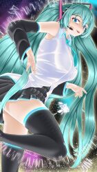 Rule 34 | 1girl, :d, absurdres, aqua hair, aqua necktie, bare shoulders, blue eyes, breasts, detached sleeves, glowing, glowing eyes, hatsune miku, headphones, highres, large breasts, long hair, microphone, necktie, open mouth, outline, shirt, shoes, simple background, skirt, smile, solo, sparkle, sparkle background, takie arts, thighs, twintails