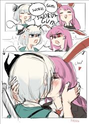 Rule 34 | 2girls, anger vein, angry, animal ears, arrow (symbol), artist name, black ribbon, blunt bangs, blunt ends, bob cut, closed eyes, comic, commentary, english text, frown, glaring, green eyes, grey hair, hair ribbon, hand on another&#039;s head, heart, kiss, konpaku youmu, konpaku youmu (ghost), multiple girls, open mouth, outside border, purple hair, rabbit ears, rabbit girl, red eyes, reisen udongein inaba, ribbon, romaji text, signature, sketch, smile, sparkle71059204, sword, touhou, weapon, weapon on back, yuri