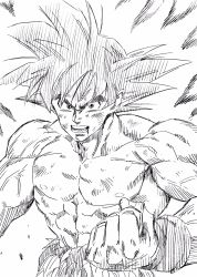 Rule 34 | 1boy, abs, black eyes, black hair, clenched hand, commentary request, dirty, dirty clothes, dirty face, dragon ball, dragonball z, fighting stance, fingernails, frown, greyscale, highres, lee (dragon garou), looking at viewer, male focus, monochrome, muscular, nipples, open mouth, shirt, solo, son goku, spiked hair, teeth, topless male, torn clothes, torn shirt, upper body, veins, wristband