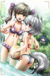 Rule 34 | 3girls, :&gt;, :d, animal ears, ass, ball, beachball, bikini, blue eyes, blue hair, blush stickers, breasts, brown hair, checkered bikini, checkered clothes, chibi, cleavage, dutch angle, female focus, frilled bikini, frills, front-tie top, himekaidou hatate, inubashiri momiji, kawashiro nitori, kei (pixiv), kei kei, looking at viewer, mechanical arm, mechanical arms, medium breasts, multiple girls, navel, nobiiru arm, open mouth, pointy ears, short hair, side-tie bikini bottom, silver hair, single mechanical arm, small breasts, smile, submerged, swimsuit, tail, touhou, twintails, two side up, viewfinder, wading, wolf ears, wolf tail, yellow eyes
