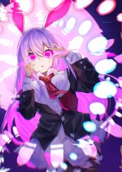 Rule 34 | 1girl, animal ears, arms up, blazer, blouse, breasts, buttons, carrot, collared shirt, commentary request, danmaku, glitch, glowing, glowing eyes, highres, jacket, kurobikari, large breasts, long hair, long sleeves, necktie, open mouth, pink skirt, pleated skirt, purple hair, rabbit ears, red necktie, reisen udongein inaba, shirt, skirt, solo, spell card, touhou, unbuttoned, unbuttoned shirt, very long hair, white shirt