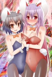 Rule 34 | 2girls, animal ears, bare shoulders, black hair, blush, bow, bowtie, breasts, brown eyes, cleavage, embarrassed, female focus, flat chest, holding hands, inaba tewi, large breasts, leotard, long hair, megawatt, multiple girls, open mouth, pantyhose, playboy bunny, purple hair, rabbit ears, rabbit girl, rabbit tail, red eyes, reisen udongein inaba, small breasts, smile, tail, tears, touhou, very long hair, wrist cuffs, yuri