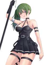 Rule 34 | 1girl, :q, arm at side, arm strap, armpit crease, bare shoulders, belt, black belt, black choker, black dress, black gloves, breasts, choker, cleavage, closed mouth, collarbone, commentary, cowboy shot, curvy, dress, eyelashes, from below, gloves, green hair, hair between eyes, hand up, highres, large breasts, licking lips, light blush, light smile, long hair, looking at viewer, looking down, o-ring, o-ring choker, pleated dress, purple eyes, short dress, side ponytail, simple background, single glove, skindentation, sleeveless, sleeveless dress, solo, sousou no frieren, suspenders hanging, thigh strap, thighs, tongue, tongue out, ubel (sousou no frieren), uyufuzi s, white background