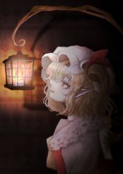 Rule 34 | 1girl, absurdres, ascot, blonde hair, breasts, candlelight, dark background, fang, flandre scarlet, fleuriste, frilled shirt collar, frills, from side, hat, highres, lantern, looking at object, medium hair, mob cap, open mouth, pointy ears, red eyes, red vest, shirt, small breasts, solo, touhou, upper body, vest, white hat, white shirt, yellow ascot