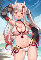 Rule 34 | 1girl, :d, alternate breast size, arm up, armpits, bare shoulders, beach, bikini, black choker, breasts, choker, cleavage, contrapposto, cowboy shot, day, detached sleeves, front-tie bikini top, front-tie top, hair ornament, hair ribbon, halterneck, hand on own hip, highres, hololive, horns, large breasts, long sleeves, multi-strapped bikini, multicolored hair, nail polish, nakiri ayame, navel, open mouth, outdoors, red eyes, ribbon, satoupote, side-tie bikini bottom, sidelocks, skin-covered horns, skindentation, smile, solo, standing, stomach, streaked hair, swimsuit, thighs, v-shaped eyebrows, virtual youtuber, wet, white bikini, x hair ornament