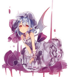 Rule 34 | 1girl, bad id, bad pixiv id, bat wings, blue hair, blush, dress, hat, kedama milk, looking at viewer, pointy ears, red eyes, remilia scarlet, short hair, simple background, sleeveless, solo, touhou, white background, wings, wrist cuffs