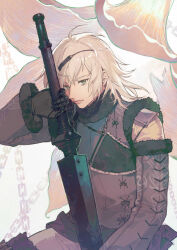 Rule 34 | 1boy, ahoge, armor, armored gloves, black gloves, black sash, chain, commentary, detached sleeves, english commentary, floral background, fur-trimmed collar, fur-trimmed sleeves, fur-trimmed vest, fur trim, gloves, green eyes, grey sleeves, grey vest, hairband, highres, holding, holding sword, holding weapon, long sword, looking at viewer, lunar tear, male focus, medium hair, nier, nier (series), nier (brother), rampu, sash, shoulder armor, sitting, solo, sword, upper body, vest, weapon, white hair, white undershirt