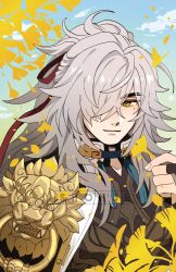 Rule 34 | 1boy, artist name, blue sky, chinese clothes, closed mouth, grey hair, hair over one eye, high ponytail, highres, holding, holding leaf, honkai: star rail, honkai (series), jing yuan, leaf, looking at viewer, male focus, mole, mole under eye, one eye covered, shohje, sky, smile, solo, yellow eyes