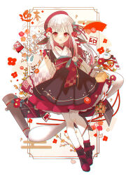 Rule 34 | 1girl, :d, animal ears, black footwear, black skirt, boots, commentary request, cross-laced footwear, floral background, food, full body, high-waist skirt, japanese clothes, kimono, kine, lace-up boots, long hair, long sleeves, looking at viewer, mallet, mochi, multicolored hair, obi, open mouth, original, pantyhose, pleated skirt, print kimono, red eyes, red hair, red socks, ribbed legwear, sash, shide, skirt, sleeves past fingers, sleeves past wrists, smile, snow rabbit, socks, socks over pantyhose, solo, two-tone hair, white background, white hair, white kimono, white pantyhose, wide sleeves, yagasuri, yuzuyomogi