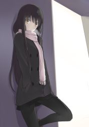 Rule 34 | 1girl, against wall, black hair, breath, coat, hand in pocket, kauto, leaning, long hair, looking at viewer, miniskirt, original, pantyhose, scarf, sidelocks, simple background, skirt, solo, standing, standing on one leg, winter clothes, yellow eyes