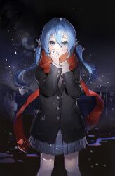 Rule 34 | 1girl, aerial fireworks, animal, black jacket, blazer, blue hair, blush, closed mouth, feet out of frame, fireworks, grey skirt, hair between eyes, hair ornament, hairclip, hands up, hatsune miku, highres, jacket, long hair, long sleeves, looking at viewer, miniskirt, neonneon321, night, night sky, plaid, plaid skirt, pleated skirt, rabbit, rabbit hair ornament, red scarf, scarf, skirt, sky, smile, snowing, solo, standing, straight-on, twintails, vocaloid