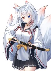 Rule 34 | 1girl, absurdres, animal ear fluff, animal ears, blue eyes, closed mouth, fox ears, fox girl, fox tail, hair between eyes, hair over shoulder, heterochromia, highres, holding, holding weapon, japanese clothes, kimono, kitsune, multiple tails, original, red eyes, rynzfrancis, smile, tail, weapon, white hair
