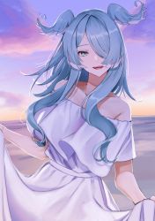Rule 34 | 1girl, absurdres, bare shoulders, blue hair, blue wings, blush, clothes lift, cloud, collarbone, commentary, dress, elira pendora, eyelashes, frills, green eyes, hair over one eye, head wings, highres, horizon, lifting own clothes, looking at viewer, multicolored hair, nijisanji, nijisanji en, ocean, off-shoulder dress, off shoulder, one eye covered, open mouth, parted bangs, peridot (periperi 8), short sleeves, sidelocks, skirt hold, sky, smile, solo, standing, sunset, swept bangs, teeth, two-tone hair, upper teeth only, virtual youtuber, water, white dress, white hair, wings