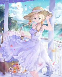 Rule 34 | 1girl, absurdres, alternate costume, aqua nails, bad id, bad pixiv id, blonde hair, blue sky, bow, breasts, cleavage, closed mouth, cloud, collarbone, commission, day, dress, drinking straw, floating hair, food, fruit, green eyes, hat, hat bow, hat ribbon, highres, lemon, lemon slice, long dress, long hair, looking at viewer, medium breasts, nail polish, ocean, original, outdoors, parted bangs, piyo (sqn2idm751), ribbon, se-fukubu, skeb commission, sky, sleeveless, sleeveless dress, smile, solo, standing, straw hat, sundress, virtual youtuber, white bow, white dress, white ribbon
