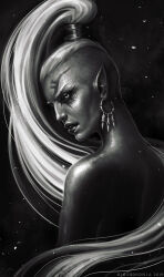 Rule 34 | 1girl, 2019, artist name, commentary, earrings, english commentary, eyeliner, facial mark, facial tattoo, greyscale, high ponytail, jewelry, long hair, looking at viewer, looking back, makeup, monochrome, nude, pointy ears, ponytail, solo, tattoo, topless, veronica anrathi, very long hair, warhammer 40k, white hair, yvraine