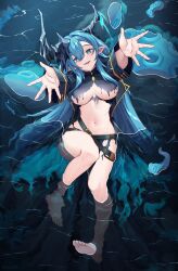 Rule 34 | 1girl, absurdres, azur lane, bare shoulders, black coat, blue eyes, blue hair, blue horns, blush, breasts, coat, commission, fangs, from above, hair between eyes, highres, horns, large breasts, long hair, long sleeves, looking at viewer, mary celeste (azur lane), navel, open mouth, partially submerged, pointy ears, reaching, reaching towards viewer, revealing clothes, shuazir, smile, solo, stomach, suction cups, tentacles, toes, torn clothes, torn coat, water