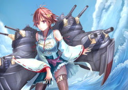 Rule 34 | 10s, 1girl, antiqq, blue sky, boots, breasts, brown eyes, brown hair, cloud, day, detached sleeves, hair between eyes, hiei (kancolle), kantai collection, light smile, medium breasts, messy hair, ocean, plaid, plaid skirt, rigging, skirt, sky, solo, thigh boots, thighhighs, thighs, turret, water, waves, wide sleeves, wind, wind lift