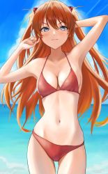 Rule 34 | 1girl, absurdres, arm behind head, arms up, beach, bikini, blue sky, blush, breasts, closed mouth, cloud, cowboy shot, day, fingernails, hair between eyes, hair ornament, halterneck, hands in hair, highres, huziko32, lips, long hair, looking at viewer, medium breasts, naughty face, navel, neon genesis evangelion, ocean, orange hair, outdoors, red bikini, shiny skin, sky, smile, smug, solo, souryuu asuka langley, stomach, swimsuit, twintails, two side up, v-shaped eyebrows, very long hair, water, wavy mouth
