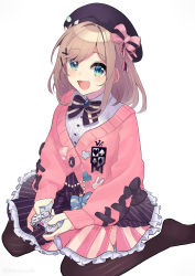 Rule 34 | 1girl, :3, :d, absurdres, beret, black bow, black hat, blush, bow, bowtie, breasts, brooch, brown hair, cardigan, controller, dualshock, game controller, gamepad, green eyes, hair bow, hair ornament, hat, highres, holding, holding controller, holding game controller, jewelry, kobayuu, nijisanji, open mouth, pantyhose, pink bow, pink cardigan, playstation controller, simple background, sitting, skirt, smile, solo, striped clothes, striped pantyhose, striped skirt, suzuhara lulu, vertical-striped clothes, vertical-striped pantyhose, vertical-striped skirt, virtual youtuber, wariza, white background, x hair ornament