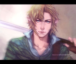 Rule 34 | 1boy, blonde hair, blue eyes, holding, holding sword, holding weapon, letterboxed, link, male focus, nintendo, pointy ears, realistic, signature, solo, sword, teralilac, the legend of zelda, watermark, weapon, web address