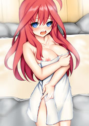Rule 34 | 1girl, ahoge, bare arms, bare shoulders, blue eyes, blush, breasts, collarbone, go-toubun no hanayome, hair between eyes, large breasts, long hair, nakano itsuki, naked towel, nipples, nose blush, onsen, open mouth, red hair, round teeth, sidelocks, solo, steam, teeth, toshishikisai, towel, upper teeth only, very long hair, water