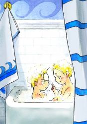 Rule 34 | 2boys, alphonse elric, bath, bathing, blonde hair, brothers, bubble, curtains, edward elric, fullmetal alchemist, looking at another, male focus, multiple boys, open mouth, serious, siblings, smile, towel, urikurage, yellow eyes
