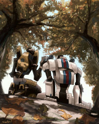 Rule 34 | 2boys, autobot, blue sky, day, in tree, jazz (transformers), leaf, machinery, multiple boys, nature, no humans, outdoors, plant, prowl (transformers), shokveyv, sitting, sitting in tree, sky, transformers, transformers animated, tree, under tree