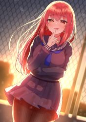 Rule 34 | 1girl, absurdres, blue neckerchief, breasts, chain-link fence, commentary request, dutch angle, earrings, fence, heart, heart earrings, heterochromia, highres, hololive, houshou marine, jewelry, large breasts, neckerchief, outdoors, pantyhose, pleated skirt, red eyes, red hair, sailor collar, school uniform, serafuku, skirt, solo, standing, suzutarou gunsou, virtual youtuber, yellow eyes