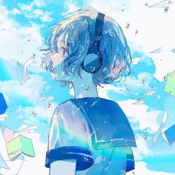 Rule 34 | 1girl, :|, arms at sides, blue sailor collar, blue sky, blue theme, bob cut, book, closed mouth, cloud, cloudy sky, expressionless, floating, from side, hagimorijia, hair between eyes, headphones, highres, looking ahead, open book, original, outdoors, paper airplane, profile, sailor collar, school uniform, serafuku, shirt, short hair, short sleeves, sidelocks, sky, sleeve cuffs, solo, upper body, water drop, white shirt