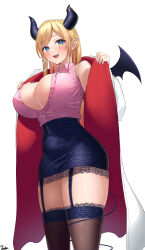 Rule 34 | absurdres, blonde hair, blue eyes, blush, breast tattoo, breasts, check commentary, cleavage, coat, commentary, commentary request, dated, demon girl, demon horns, demon tail, demon wings, garter straps, gradient eyes, highres, hololive, horns, huge breasts, lab coat, long hair, looking at viewer, multicolored eyes, nanaushi, open clothes, open coat, open mouth, pointy ears, signature, simple background, skindentation, tail, tattoo, very long hair, virtual youtuber, white background, winged heart, wings, yuzuki choco, yuzuki choco (1st costume)