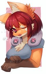 Rule 34 | 1girl, absurdres, animal ear fluff, animal ears, animal nose, blue shirt, bob cut, border, breasts, brown fur, collarbone, drooling, english text, fang, female focus, furry, furry female, half-closed eye, highres, looking at viewer, medium breasts, multicolored fur, neck pillow, one eye closed, open mouth, orange fur, original, outline, outside border, own hands together, pawpads, pink background, red eyes, red hair, saliva, shirt, short hair, short sleeves, sidelocks, simple background, sleepy, snout, solo, speech bubble, talking, upper body, white border, white fur, white outline, wolf ears, wolf girl, wolf girl (yellowparrot), yellowparrot