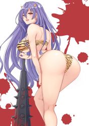 Rule 34 | 1girl, animal print, ass, bare shoulders, blush, breasts, club, club (weapon), dura, earrings, highres, horns, iris heart, jewelry, kami jigen game neptune v, large breasts, long hair, looking at viewer, looking back, neptune (series), purple hair, red eyes, setsubun, smile, solo, spiked club, tiger print, weapon