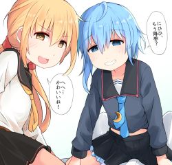 Rule 34 | 2girls, asymmetrical hair, black sailor collar, blonde hair, blue eyes, blue hair, blue neckwear, blue shirt, blue shorts, commentary request, crescent, crescent pin, frilled shorts, frills, grin, kantai collection, long hair, looking at viewer, minazuki (kancolle), multiple girls, necktie, okitarou (okiyo), sailor collar, satsuki (kancolle), school uniform, serafuku, shirt, short hair with long locks, shorts, simple background, smile, translation request, twintails, white background, white shirt, yellow eyes, yellow neckwear