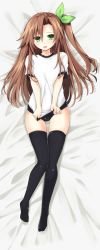 Rule 34 | 1girl, black thighhighs, blush, bow, brown hair, buruma, green eyes, hair bow, hair ornament, highres, if (neptunia), iwashi dorobou -r-, long hair, looking at viewer, lying, neptune (series), on back, on bed, one side up, ribbon, short sleeves, solo, sportswear, thighhighs