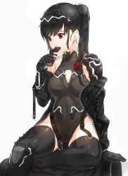 Rule 34 | 1girl, armor, black hair, black jacket, black leotard, black thighhighs, boots, candy, chocolate, chocolate bar, eating, food, hair ornament, hairband, jacket, kfr, knee boots, leotard, long hair, looking to the side, off shoulder, original, ponytail, prosthesis, prosthetic arm, red eyes, shoulder armor, simple background, sitting, solo, thighhighs, unzipped, zipper