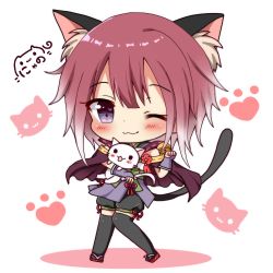 Rule 34 | 1girl, ;3, animal, animal ear fluff, animal ears, animal hug, bell, black shorts, black thighhighs, blush, cape, cat, cat ears, cat girl, cat tail, chibi, closed mouth, commentary request, fingerless gloves, gloves, hair between eyes, hand up, heart, heart in eye, heart in mouth, highres, jingle bell, long hair, looking at viewer, nyano21, one eye closed, paw pose, princess connect!, puffy shorts, purple cape, purple eyes, purple gloves, red footwear, red hair, ribbon trim, sandals, shirt, short shorts, shorts, signature, solo, standing, symbol in eye, tail, tamaki (princess connect!), thighhighs, white background, white shirt, zouri