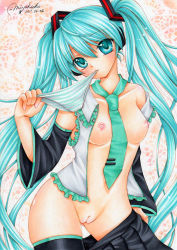 Rule 34 | 10s, 1girl, 2011, aqua eyes, aqua hair, artist name, blush, breasts, cleft of venus, dated, detached sleeves, female focus, hatsune miku, head tilt, long hair, looking at viewer, marker (medium), mocomoco party, mouth hold, necktie, nipples, no bra, open clothes, open shirt, panties, panties in mouth, pastel (medium), pussy, shirt, skirt, solo, standing, striped clothes, striped panties, thighhighs, traditional media, twintails, uncensored, underwear, very long hair, vocaloid