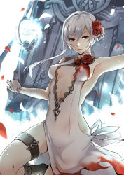 Rule 34 | 1girl, armpits, bare shoulders, blue eyes, breasts, cleavage, closed mouth, dress, flower, gloves, hair flower, hair ornament, long hair, looking at viewer, mibry (phrysm), petals, red flower, red rose, rose, sinoalice, snow white (sinoalice), solo, thighhighs, white dress, white gloves, white hair