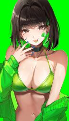 Rule 34 | 1girl, :p, bandaid, bandaid on face, bare shoulders, black hair, blue nails, breasts, brown eyes, choker, collarbone, colored inner hair, commentary, earrings, english commentary, green background, green hair, green sweater, green theme, hair intakes, highres, jewelry, large breasts, medium hair, miru (ormille), mole, mole on breast, mole under eye, multicolored hair, off shoulder, original, ormille, solo, sweater, tongue, tongue out, two-tone hair, upper body