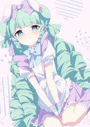 Rule 34 | 1girl, :t, animal ears, apron, bad id, bad pixiv id, between legs, blue eyes, blush, bow, closed mouth, commentary request, commission, double bun, frilled apron, frilled bow, frills, green hair, hair bow, hair bun, hand between legs, highres, looking at viewer, miruku (cutesuu), original, oueo, pink background, pixiv commission, polka dot, polka dot background, puffy short sleeves, puffy sleeves, purple bow, purple skirt, rabbit ears, shirt, short sleeves, skirt, solo, star (symbol), suspender skirt, suspenders, waist apron, white apron, white shirt