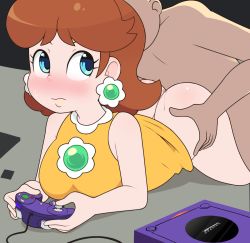 Rule 34 | 1boy, 1girl, ass, bare arms, bare shoulders, blue eyes, blush, bottomless, breasts, brooch, brown hair, closed mouth, clothed female nude male, controller, earrings, eyelashes, faceless, faceless male, flipped hair, flower earrings, game console, game controller, gamecube, gamecube controller, holding, holding controller, holding game controller, implied sex, jewelry, looking at another, looking away, looking back, loveboxf, lying, mario (series), mario golf, mario tennis, medium breasts, medium hair, nintendo, nose, nude, on stomach, playing games, princess daisy, prone bone, sex, sex from behind, shirt, sleeveless, sleeveless shirt, sweatdrop, torso grab, yellow shirt