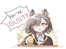 Rule 34 | 1girl, ace attorney, animal ears, arknights, ascot, brown hair, commentary, english commentary, english text, extra ears, gavel, jacket, long hair, looking at viewer, mole above eye, penance (arknights), rinzy, solo, wolf ears, wolf girl, yellow eyes