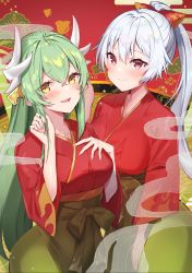 Rule 34 | 2girls, absurdres, blush, breasts, dragon girl, dragon horns, fate/grand order, fate (series), felnemo, flame print, green hair, green hakama, hair between eyes, hakama, highres, horns, japanese clothes, kimono, kiyohime (fate), large breasts, long hair, long sleeves, looking at viewer, mash kyrielight, mash kyrielight (enma-tei uniform), medium breasts, multiple girls, multiple horns, open mouth, ponytail, red eyes, red kimono, silver hair, smile, thighs, tomoe gozen (fate), wide sleeves, yellow eyes