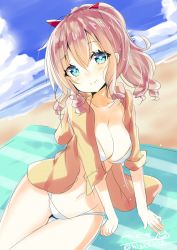 Rule 34 | beach, bikini, blouse, blue eyes, blush, bow, breasts, brown hair, closed mouth, day, hair between eyes, hair bow, hatakaze (kancolle), highres, hizaka, kantai collection, large breasts, looking at viewer, ocean, one-hour drawing challenge, open clothes, open shirt, orange shirt, outdoors, red bow, shirt, sitting, smile, solo, swimsuit, white bikini