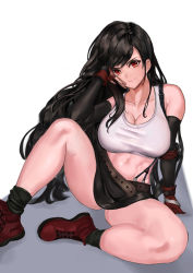 Rule 34 | abs, absurdres, arm support, bare shoulders, belt, black gloves, black hair, black skirt, boots, breasts, cleavage, collarbone, elbow gloves, elbow pads, final fantasy, final fantasy vii, final fantasy vii remake, fingerless gloves, gloves, hand on own cheek, hand on own face, highres, large breasts, long hair, looking at viewer, midriff, miniskirt, navel, pencil skirt, red eyes, red footwear, red gloves, sitting, skirt, smile, solaris (sinhyg), solo, spread legs, stomach, suspender skirt, suspenders, tank top, thighs, tifa lockhart, very long hair, white tank top