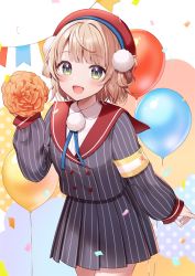 Rule 34 | 1girl, :d, arm at side, armband, balloon, beret, blush, collared shirt, commentary request, confetti, cowboy shot, green eyes, grey jacket, grey skirt, hand up, hat, highres, indie virtual youtuber, jacket, light brown hair, long hair, long sleeves, looking at viewer, momoshiki tsubaki, open mouth, pleated skirt, pom pom (clothes), puffy long sleeves, puffy sleeves, red hat, safety pin, shigure ui (vtuber), shigure ui (vtuber) (1st costume), shirt, short hair, simple background, skirt, sleeves past wrists, smile, solo, string of flags, striped clothes, striped jacket, striped skirt, vertical-striped clothes, vertical-striped jacket, vertical-striped skirt, virtual youtuber, white background, white shirt