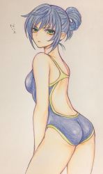 Rule 34 | 1girl, ass, blue hair, breasts, closed mouth, green eyes, hair pulled back, higemaccho, highres, looking at viewer, maria traydor, medium breasts, short hair, simple background, solo, star ocean, star ocean till the end of time, swimsuit