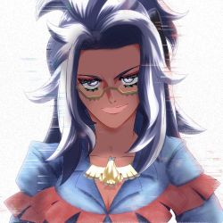 1girl blue_hair breasts cleavage creatures_(company) dark-skinned_female dark_blue_hair dark_skin game_freak glasses hair_ornament highres large_breasts lips long_hair looking_at_viewer nintendo oyu_(iiyudanapopopon) pokemon pokemon_sv ponytail raifort_(pokemon) shiny_skin simple_background standing very_long_hair