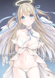 Rule 34 | 1girl, absurdres, angel, angel wings, bare shoulders, blonde hair, blush, breasts, chain, cleavage, green eyes, halo, highres, kmr 7m, large breasts, long hair, looking at viewer, navel, original, solo, stomach, two side up, wings